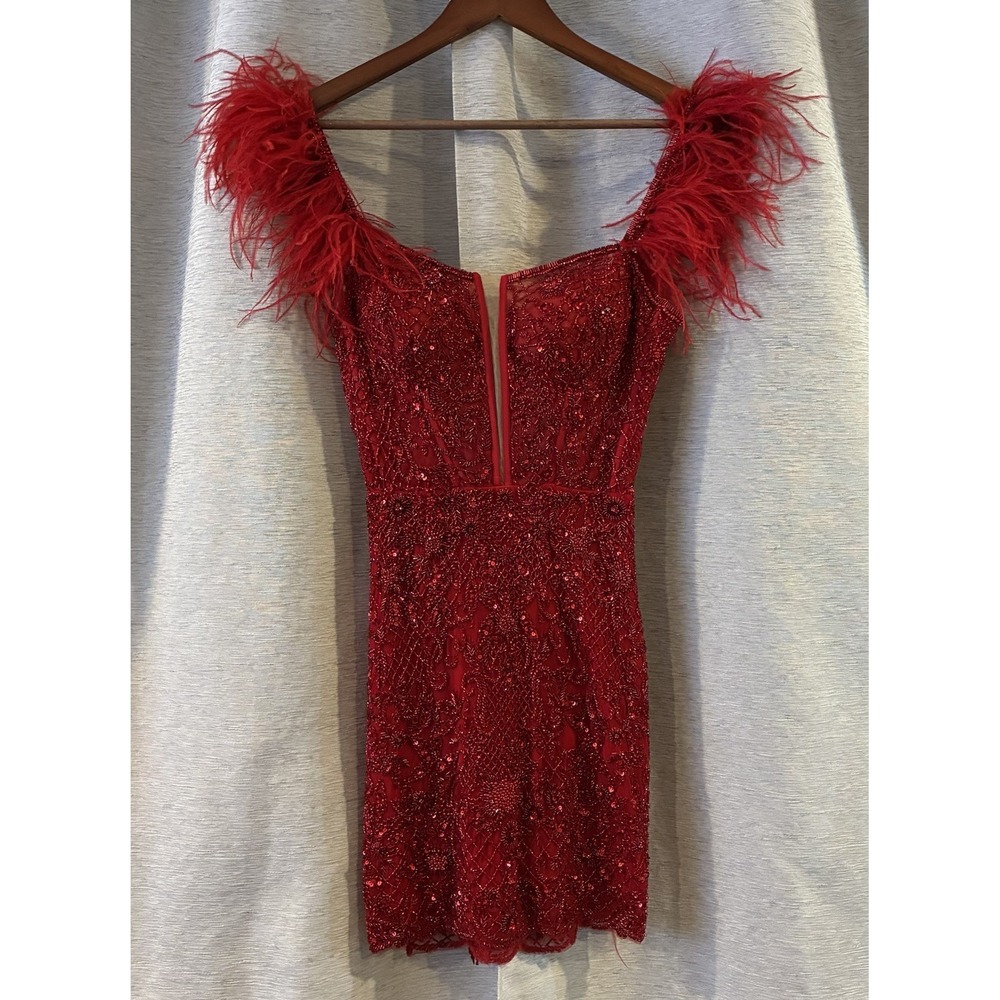 SHERRI HILL Short Red Sequin 55148 DRESS Off Shoulder Feathers Prom NWT Size 4